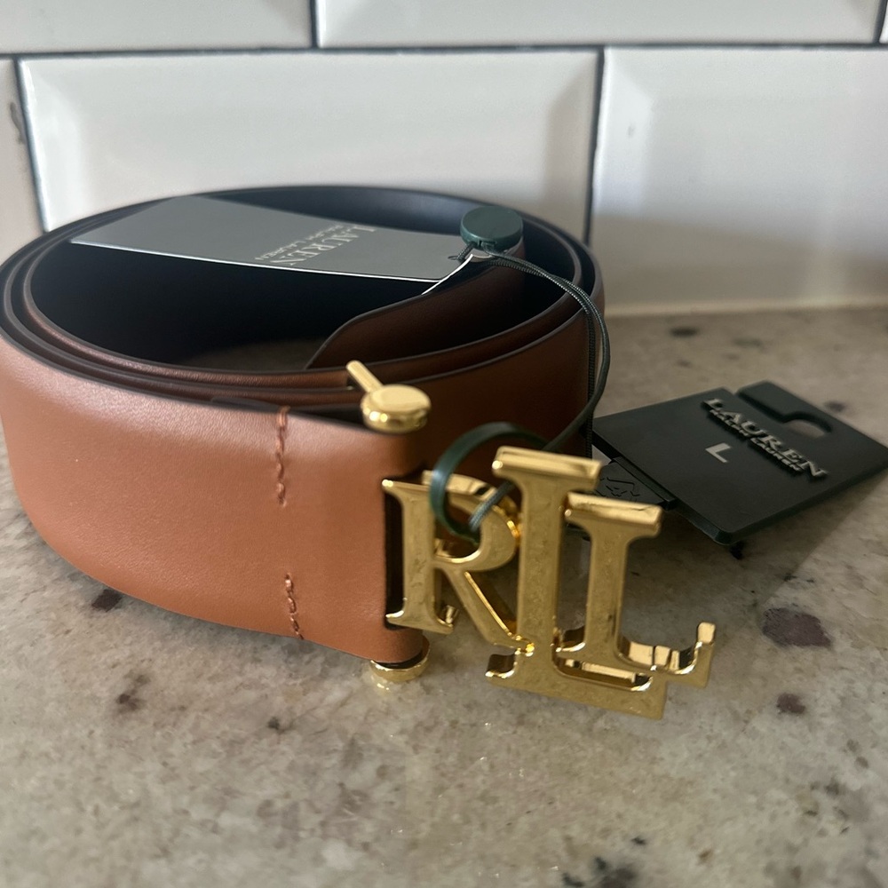 Ralph Lauren Leather Logo Women's Brown and Gold Belt